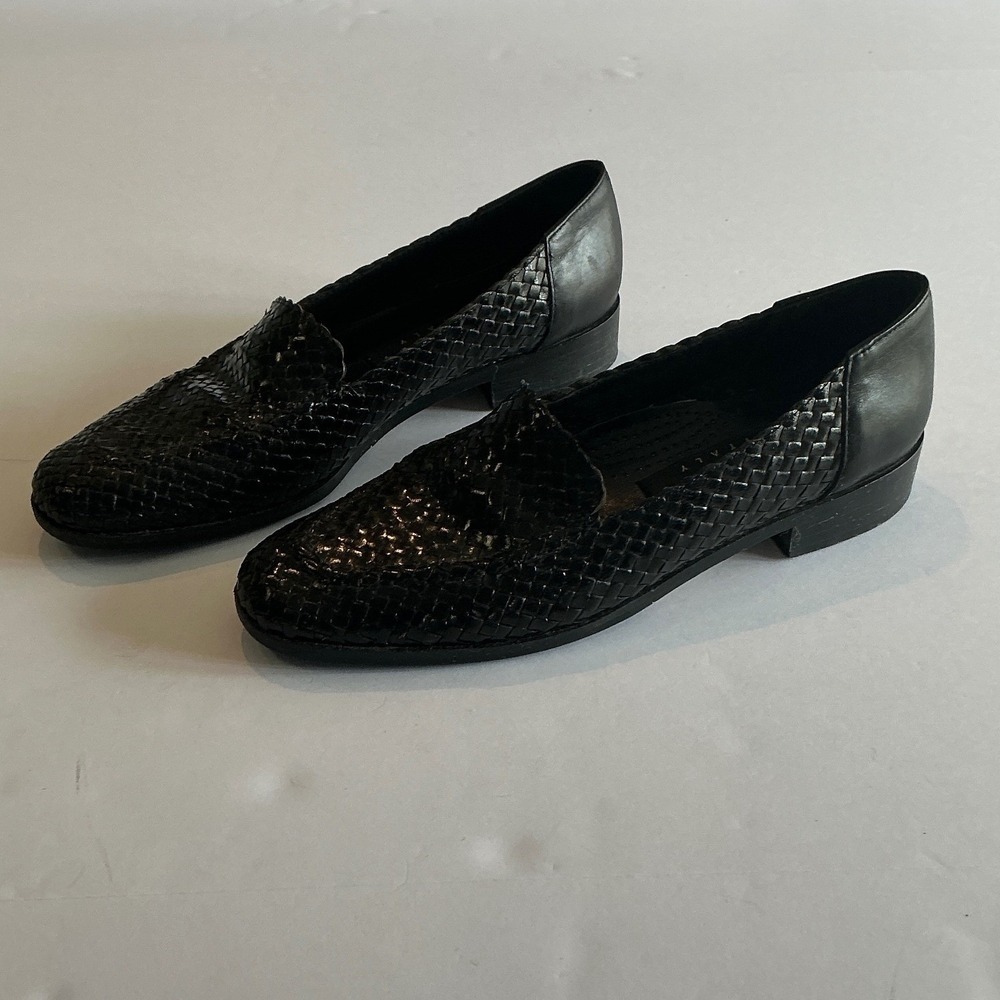 Vintage Amalfi Woven Black Leather Loafers Flats size 7 2A Narrow Italy - Picture 10 of 14